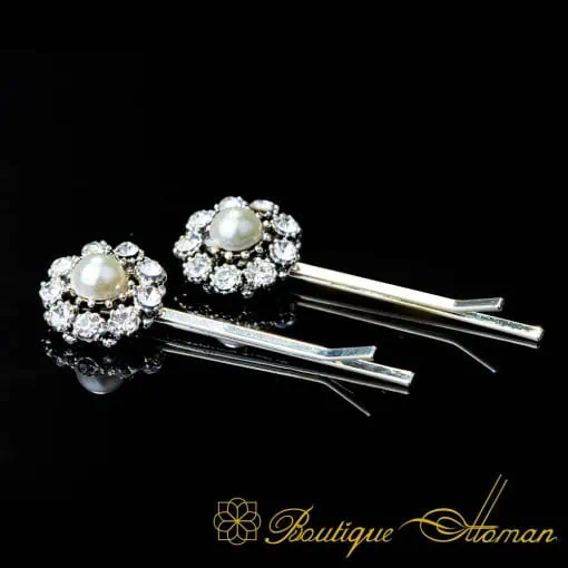 Round Pearl & White Zircon Detailed Silver Side Hair Clip