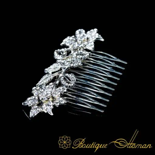 White Zircon Detailed Silver Hair Comb No:6