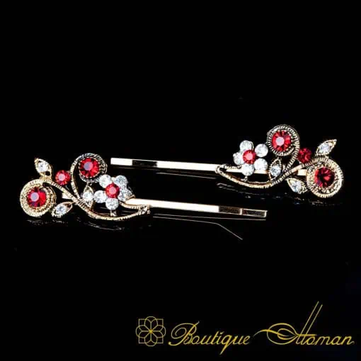 Flower Red & White Zircon Detailed Gold Plated Side Hair Clip