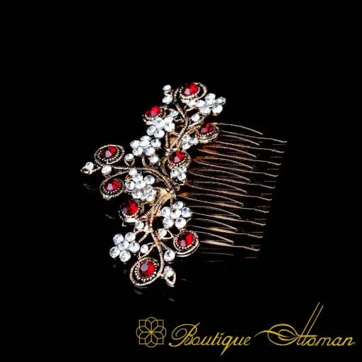 Red & White Zircon Detailed Rose Gold Plated Hair Comb No:3