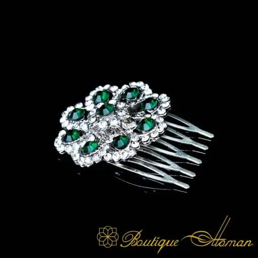 Green & White Zircon Detailed Silver Hair Comb No:1
