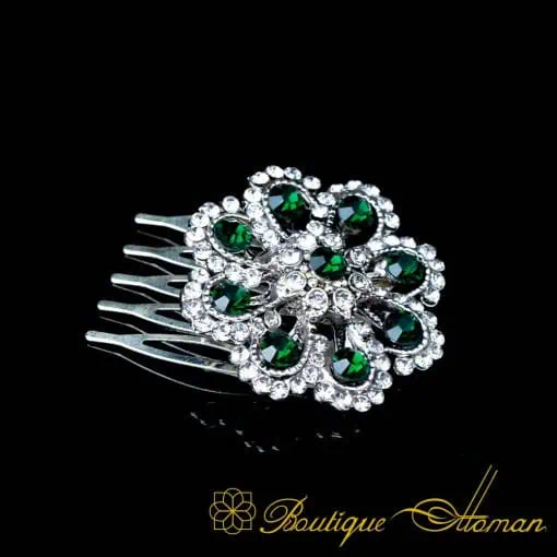 Green & White Zircon Detailed Silver Hair Comb No:1