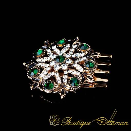 Green & White Zircon Detailed Rose Gold Plated Hair Comb No:2