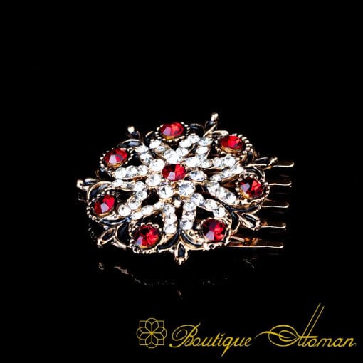 Red & White Zircon Detailed Rose Gold Plated Hair Comb No:2