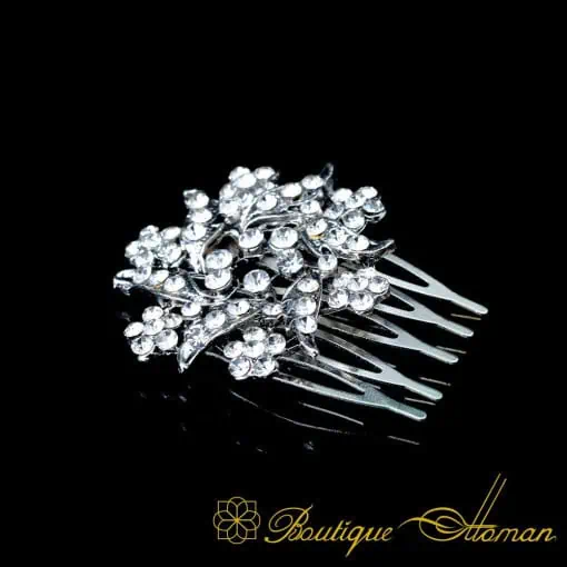 White Zircon Detailed Silver Hair Comb No:3