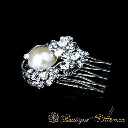 Pearl & Zircon Detailed Silver Hair Comb No:1
