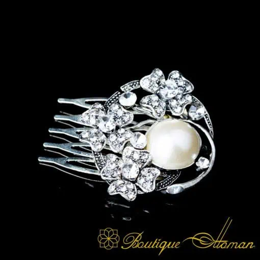 Pearl & Zircon Detailed Silver Hair Comb No:1