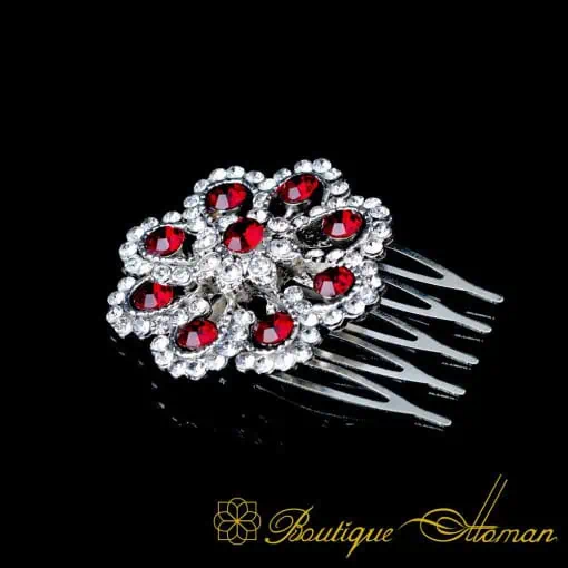 Red & White Zircon Detailed Silver Hair Comb No:1