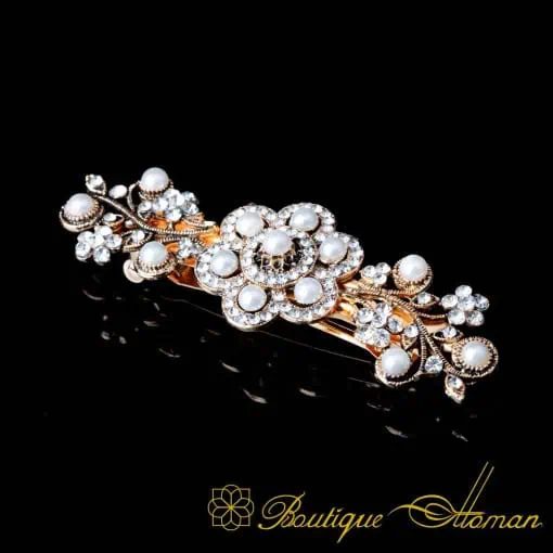 Pearl & White Zircon Detailed Rose Gold Hair Clip No:1