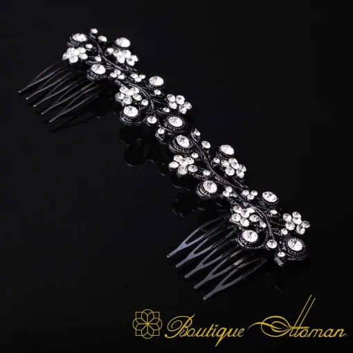 Sultana White Zircon Detailed Black Silver Hair Comb No:3