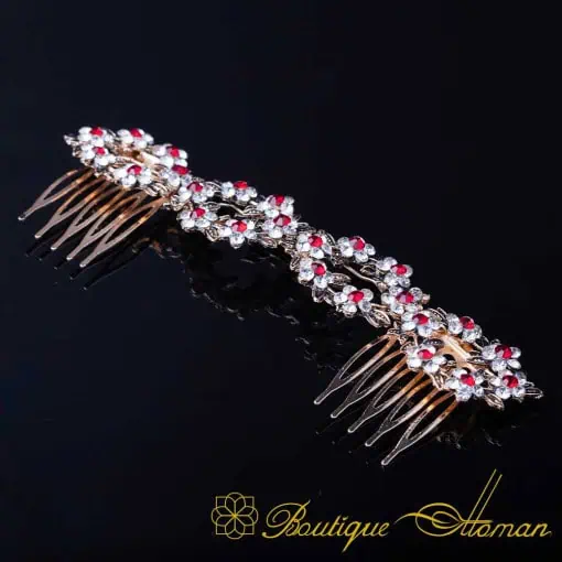 Sultana Red & White Zircon Detailed Silver Hair Comb No:1
