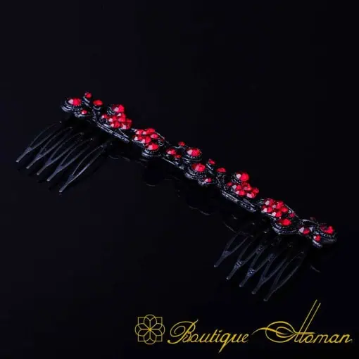 Sultana Red Zircon Detailed Black Silver Hair Comb No:1