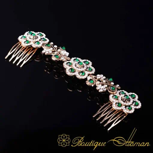 Sultana Green & White Zircon Detailed Silver Hair Comb No:1