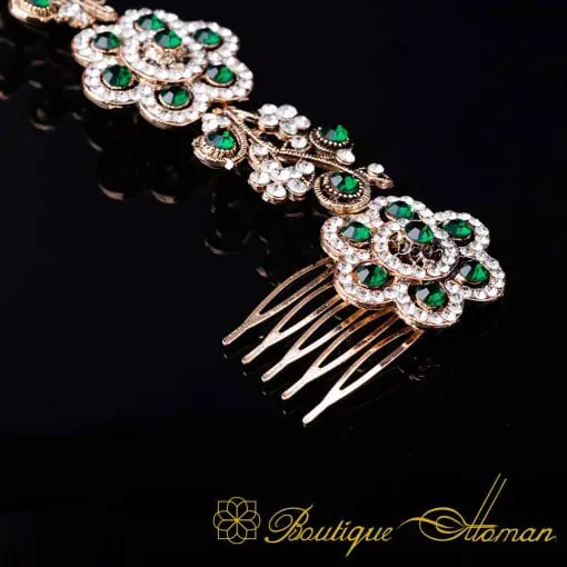 Sultana Green & White Zircon Detailed Silver Hair Comb No:1