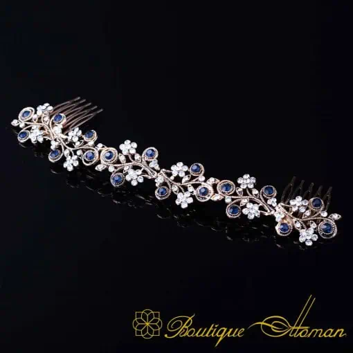 Sultana Blue & White Zircon Detailed Rose Gold Plated Hair Comb No:1