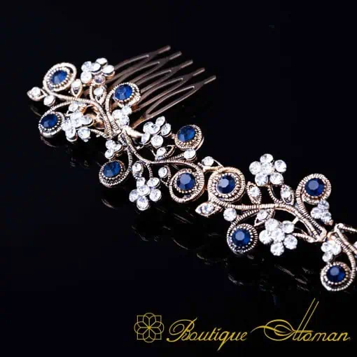Sultana Blue & White Zircon Detailed Rose Gold Plated Hair Comb No:1