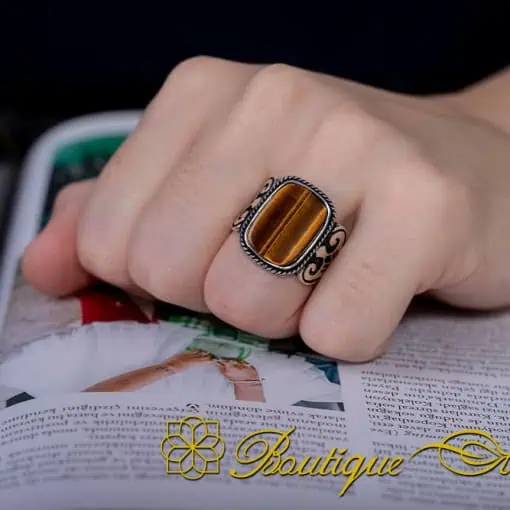 Brown Tiger's Eye Rectangle Spear Silver Ring