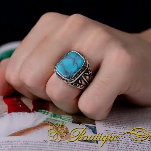 Turquoise Rectangle Leaf Detailed Silver Ring