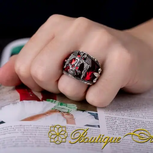 Red Zircon Double Headed Eagle Engraved Band Ring