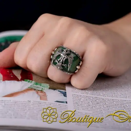 Green Jade Double Headed Eagle Engraved Band Ring
