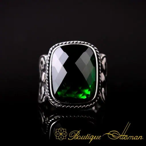 Green Zircon Rectangle Spear Silver Ring