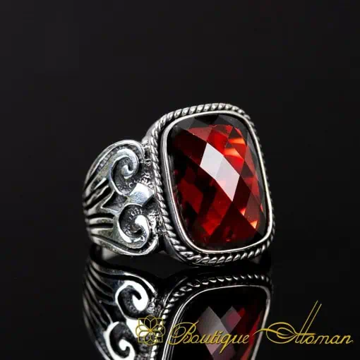 Red Zircon Rectangle Spear Silver Ring