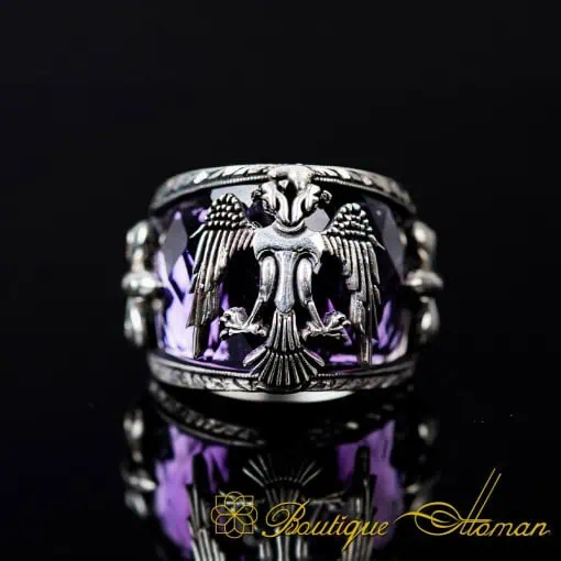 Amethyst Zircon Double Headed Eagle Engraved Band Ring
