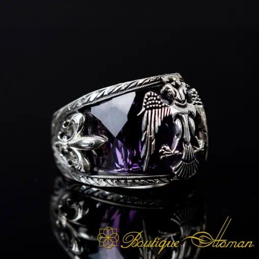 Amethyst Zircon Double Headed Eagle Engraved Band Ring