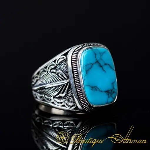 Turquoise Rectangle Leaf Detailed Silver Ring