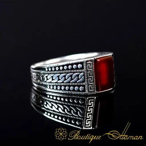 Small Rectangle Red Aqeeq Silver Ring