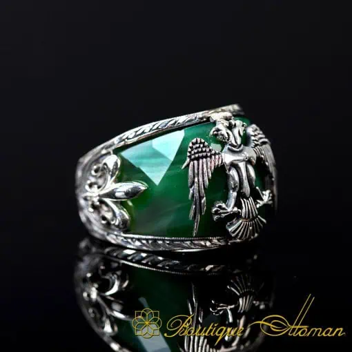 Green Jade Double Headed Eagle Engraved Band Ring