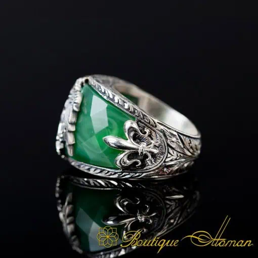 Green Jade Double Headed Eagle Engraved Band Ring