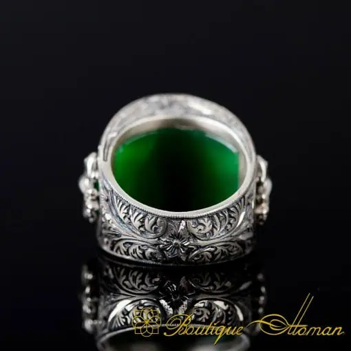 Green Jade Double Headed Eagle Engraved Band Ring