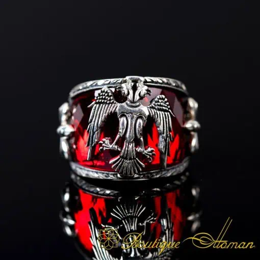 Red Zircon Double Headed Eagle Engraved Band Ring