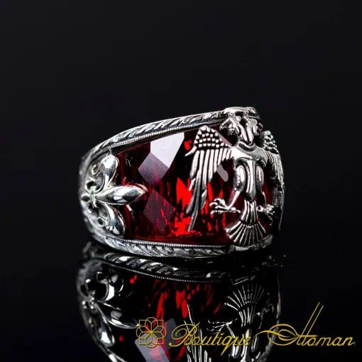 Red Zircon Double Headed Eagle Engraved Band Ring