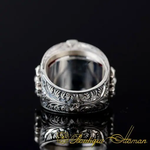 Red Zircon Double Headed Eagle Engraved Band Ring
