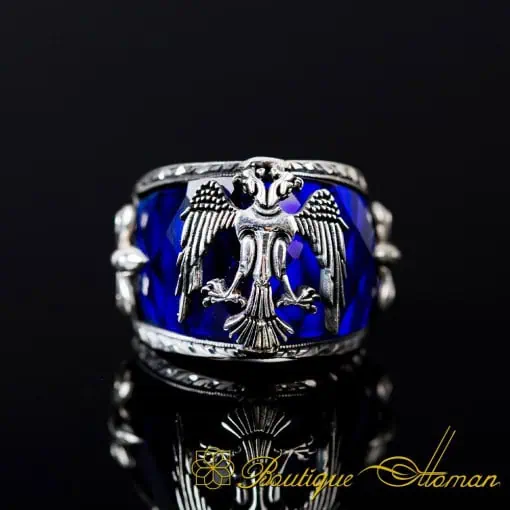 Blue Zircon Double Headed Eagle Engraved Band Ring
