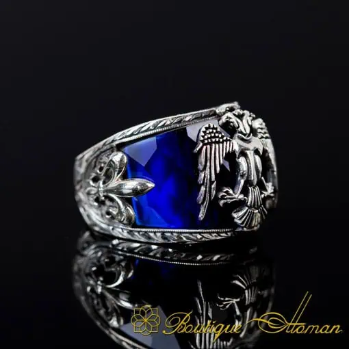 Blue Zircon Double Headed Eagle Engraved Band Ring