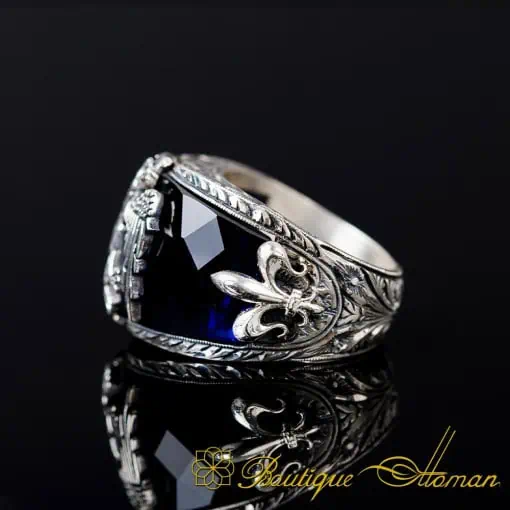 Blue Zircon Double Headed Eagle Engraved Band Ring