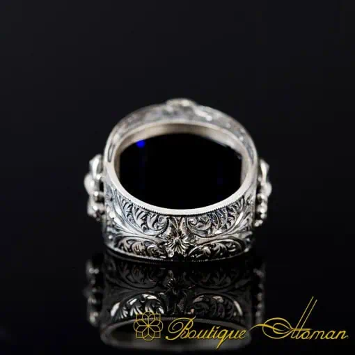 Blue Zircon Double Headed Eagle Engraved Band Ring