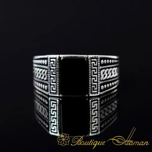 Small Rectangle Black Aqeeq Onyx Silver Ring