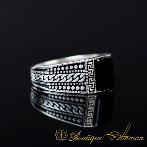 Small Rectangle Black Aqeeq Onyx Silver Ring