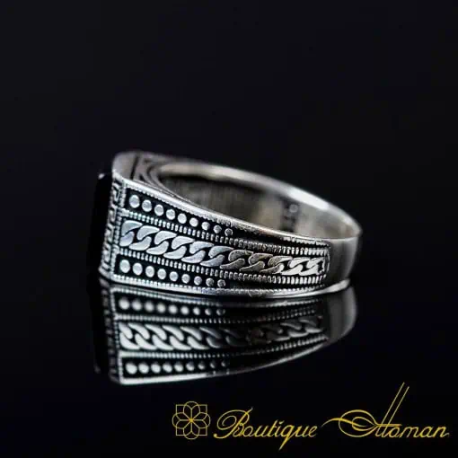 Small Rectangle Black Aqeeq Onyx Silver Ring
