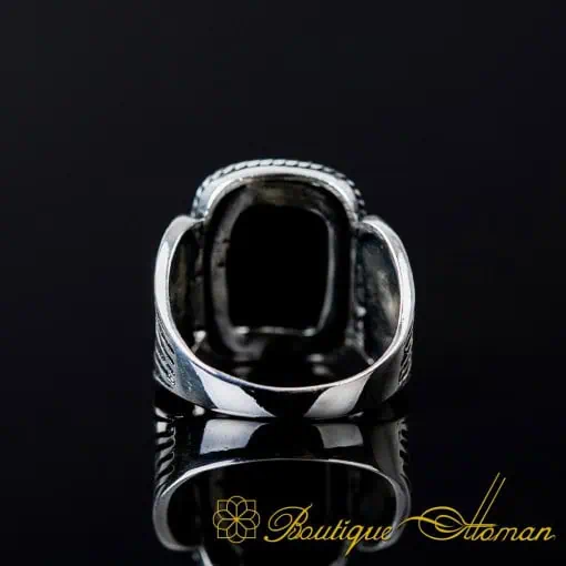 Black Aqeeq Onyx Rectangle Spear Silver Ring