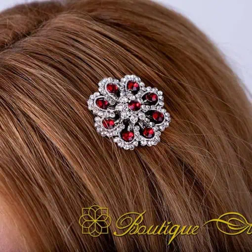 Red & White Zircon Detailed Silver Hair Comb No:1