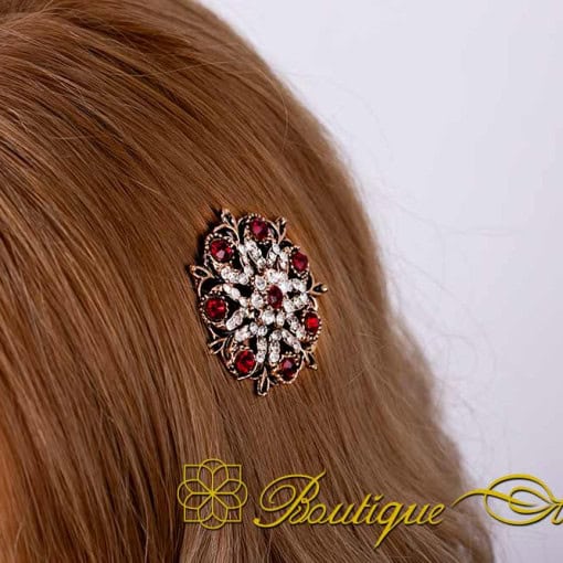Red & White Zircon Detailed Rose Gold Plated Hair Comb No:2