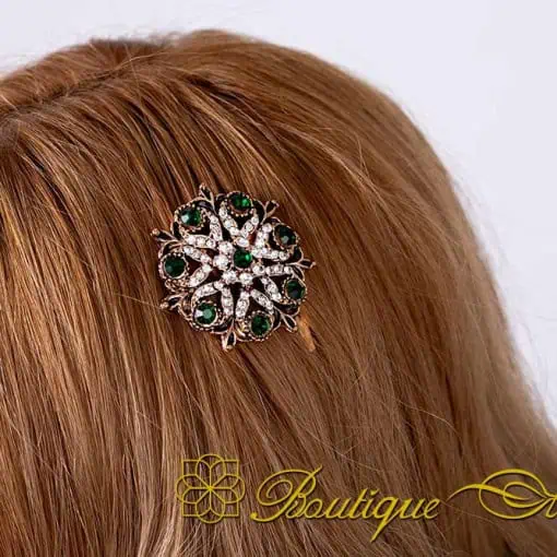 Green & White Zircon Detailed Rose Gold Plated Hair Comb No:2