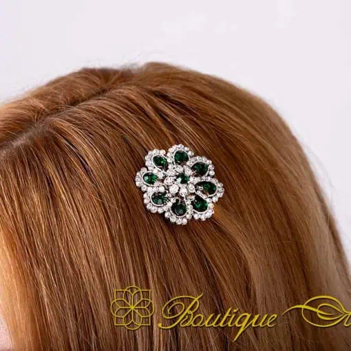 Green & White Zircon Detailed Silver Hair Comb No:1