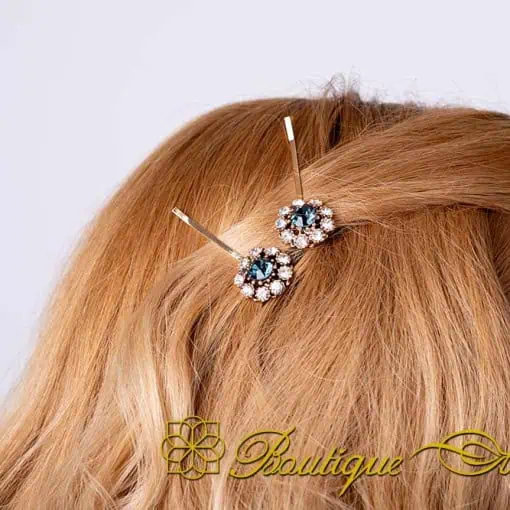 Round Blue & White Zircon Detailed Gold Plated Side Hair Clip
