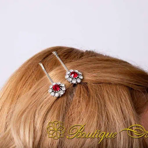 Round Red & White Zircon Detailed Silver Side Hair Clip